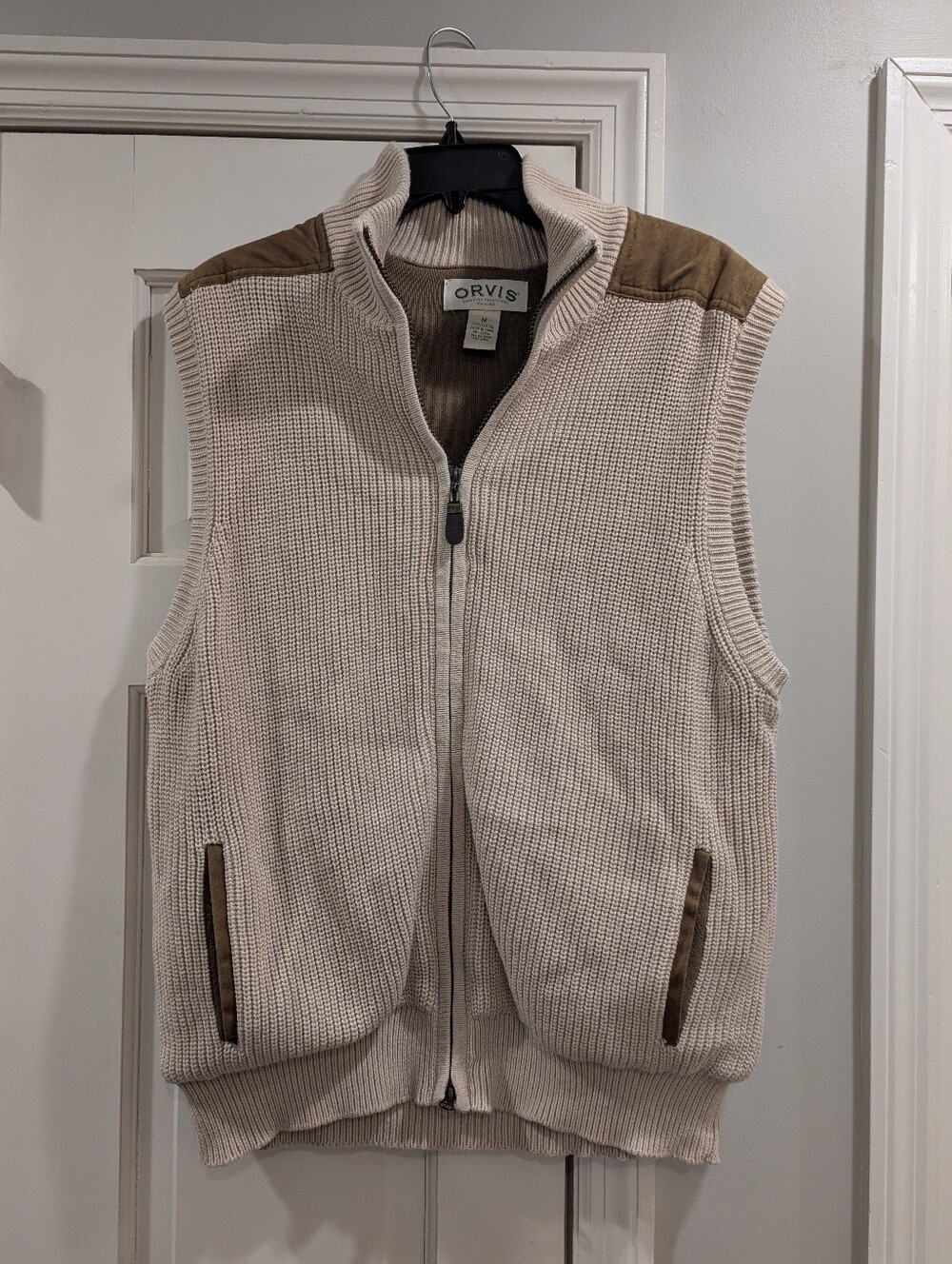 Orvis M Men's Suede & Cotton Full-Zip Sweater Vest Medium Knit Tan Brown